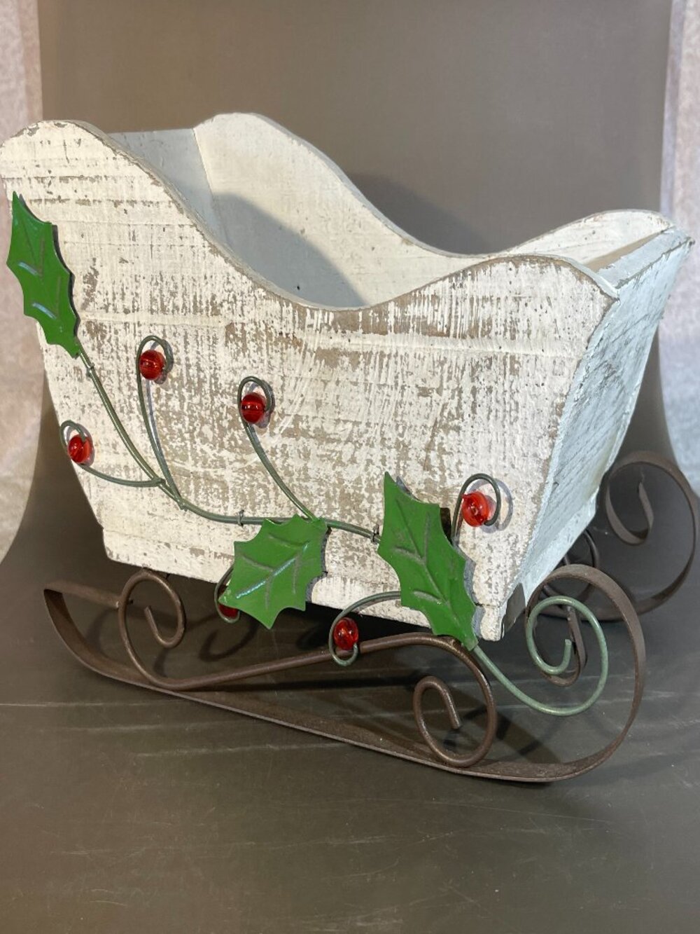 Wooden Sleigh with Metal Runners, Whitewashed 11.75x7.5x8"